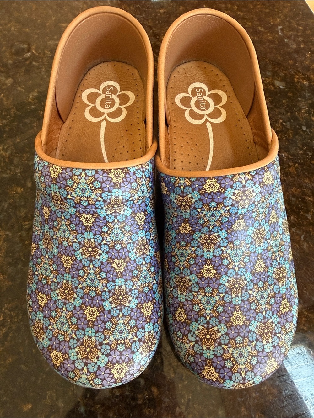 Sanita Blue and Tan Floral Mosaic Slip-On Clogs